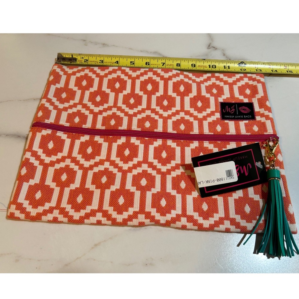 Makeup Junkie Bags Large Pouch Orange Geometric Woven Pink Zip Teal Tassel NWT